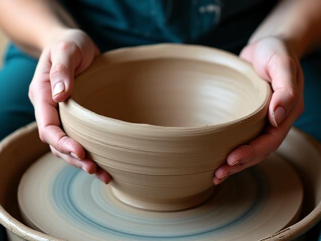Artisan hand-throwing a ceramic sink on a potter's wheel