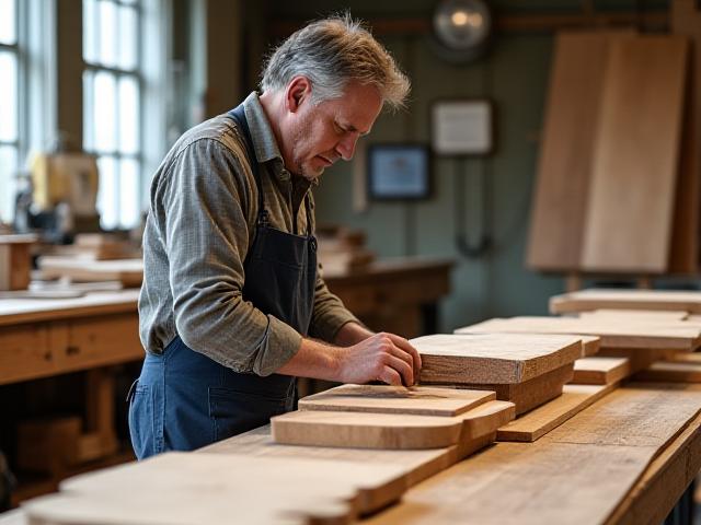 Artisan working in a clean, organized workshop with wood offcuts for waste reduction